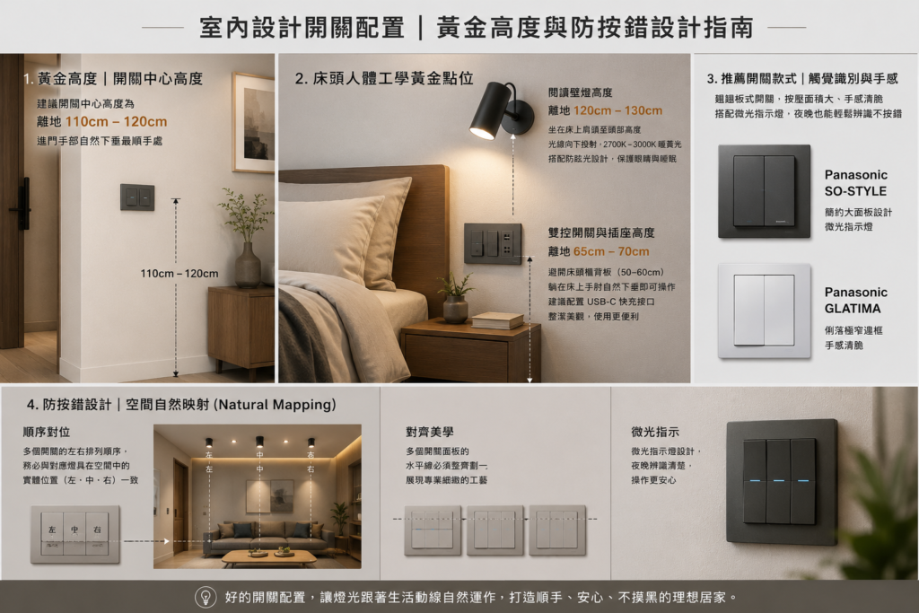 室內設計開關配置指南資訊圖，展示開關黃金高度、床頭雙控與閱讀燈配置、自然映射防按錯邏輯及翹翹板式智慧開關設計。