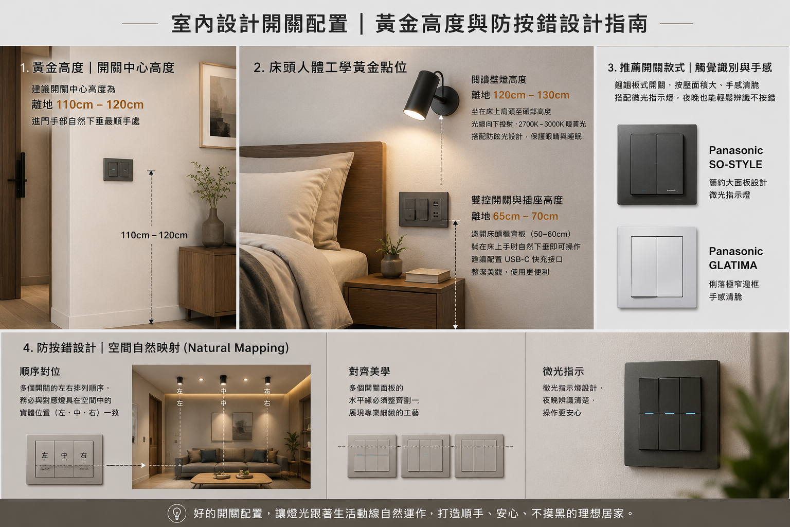 室內開關與床頭插座配置資訊圖,標示開關高度及床頭插座離地 65 至 70 公分